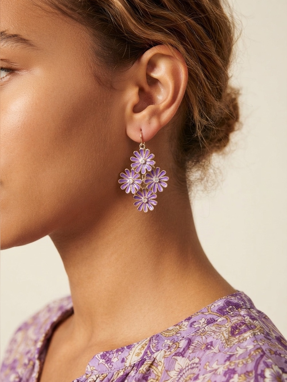 Purple Daisy Cluster Earrings | Enamel Flower Crystal Gold Tone